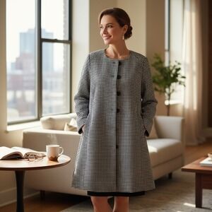 Vtg Eden Court Black & White Houndstooth Overcoat -US L